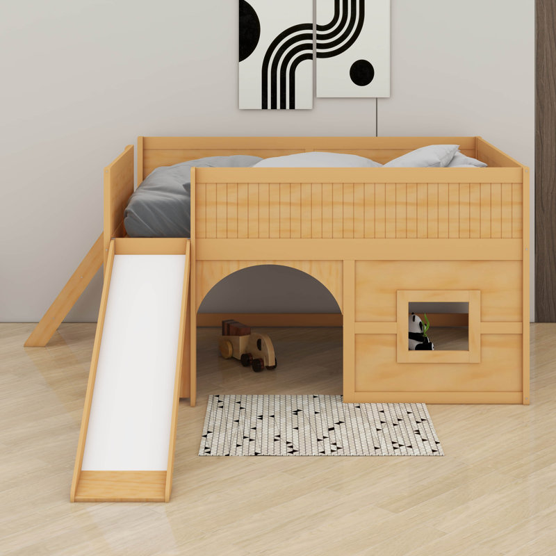 Wooden Low Loft Bed With Storage Shelves And Slide, Door And Window, Wooden Low Loft Bed, Natural