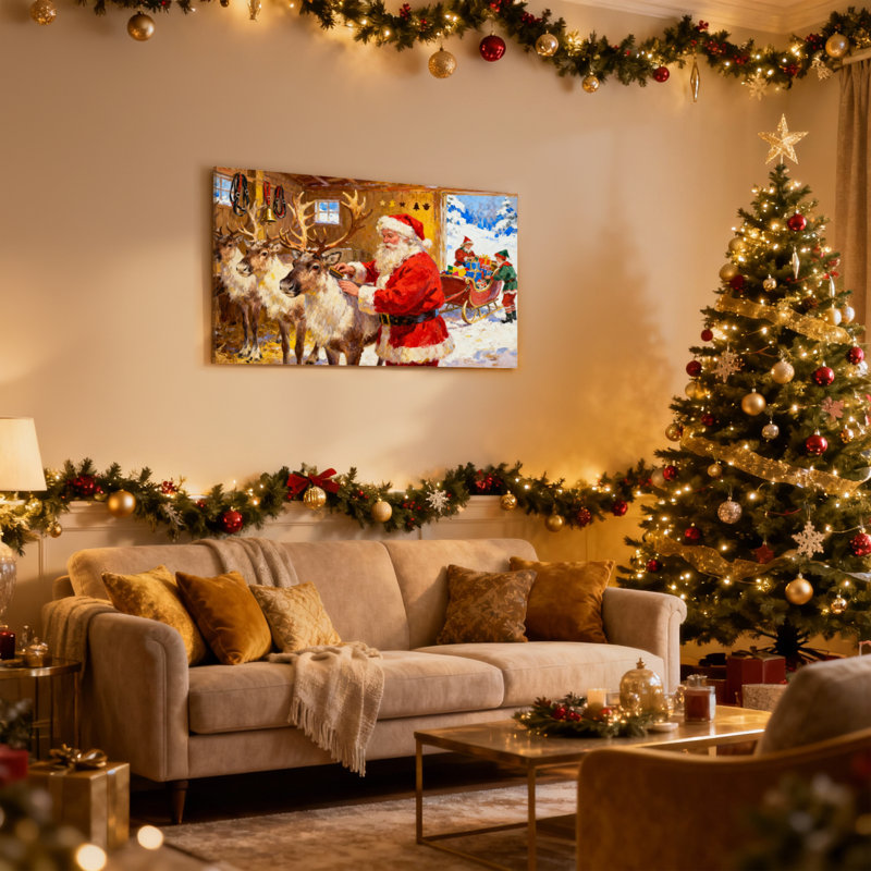 Père Noël de Noël avec renne dans un atelier, ensemble de 3 impressions sur toile, H 24 po x l 36 po