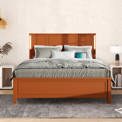 Queen Size Wooden Platform Bed with Wooden Headboard and Footboard with Charger and LED Lights