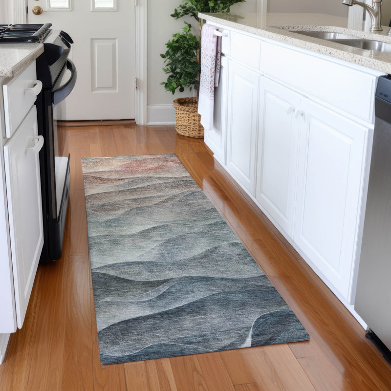 Machine Washable Indoor/Outdoor Claudian ACN1618 Teal Rug, Runner 2'3" x 7'6"