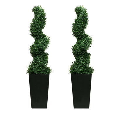 Topiaire de buis artificiel en pot noir (ensemble de 2) - Arbres topiaires en spirale résistants aux UV pour la décoration intérieure
