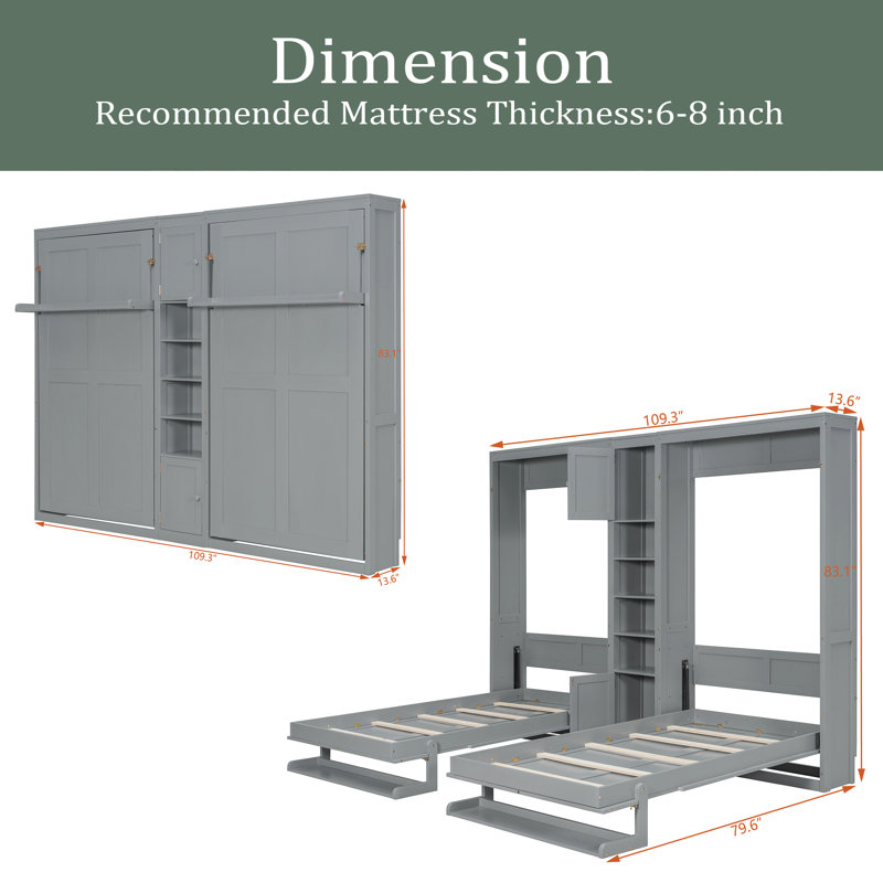 Lits simples escamotables doubles avec armoires et tablettes, gris