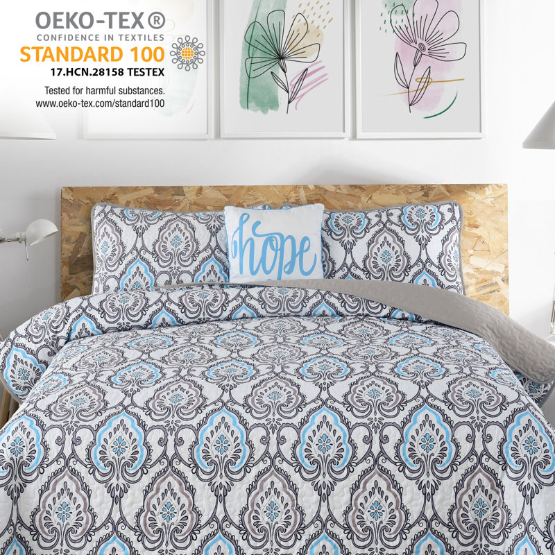Gryson Polyester Paisley Quilt, Queen Quilt + 2 Shams + 1 Throw Pillow, Dark Gray Azita