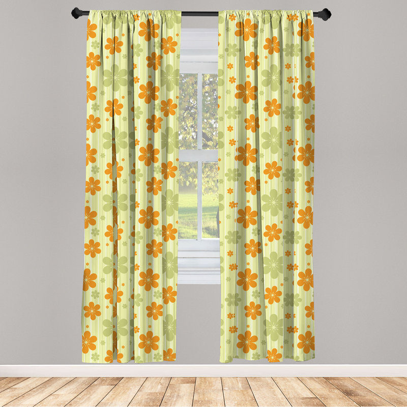 Pale Green and Orange Floral Rod Pocket Curtain Panels