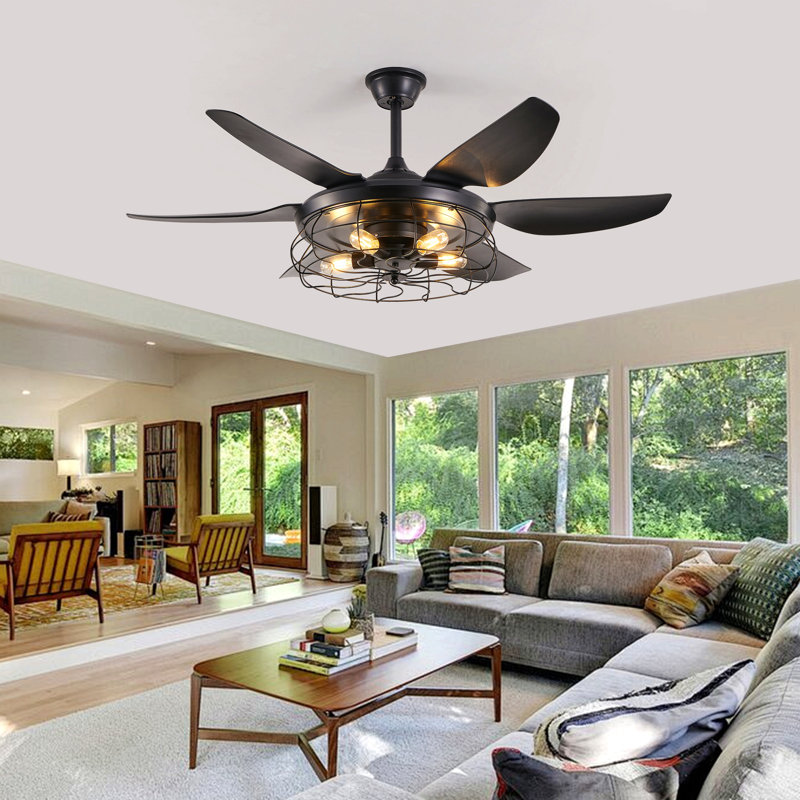 Ventilateur de plafond moderne noir avec lumière, vitesse réglable pour le salon, la chambre à coucher, la salle à manger (silencieux / 6 vitesses / réversible / moteur à courant continu) (ampoule non incluse)