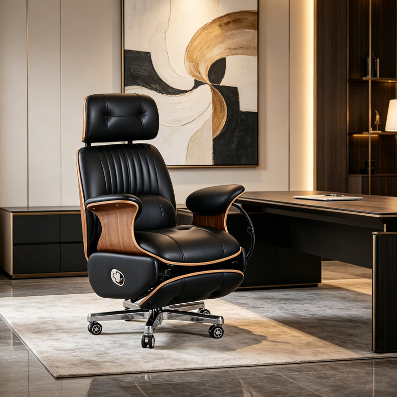 Fauteuil de direction haut de gamme en cuir noir et noyer 48,03 po de style italien avec contrôle électrique avec repose-pieds et fonction d'inclinaison