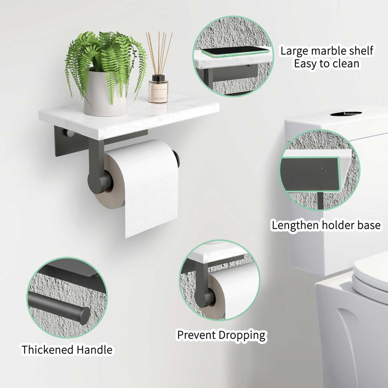 Porte-papier hygiénique avec tablette et porte-papier hygiénique mural pour salle de bain, Gris mat / marbre blanc