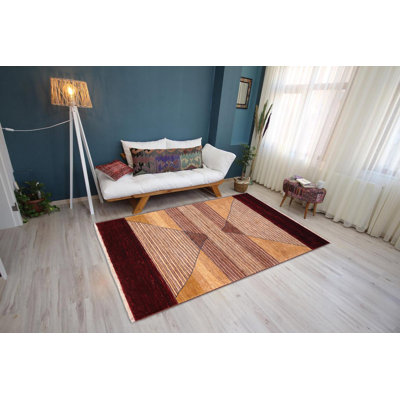 Tapis brun clair / crème / rouge en laine noué à la main 4 pi 11 po x 7 pi 1 po Paralee