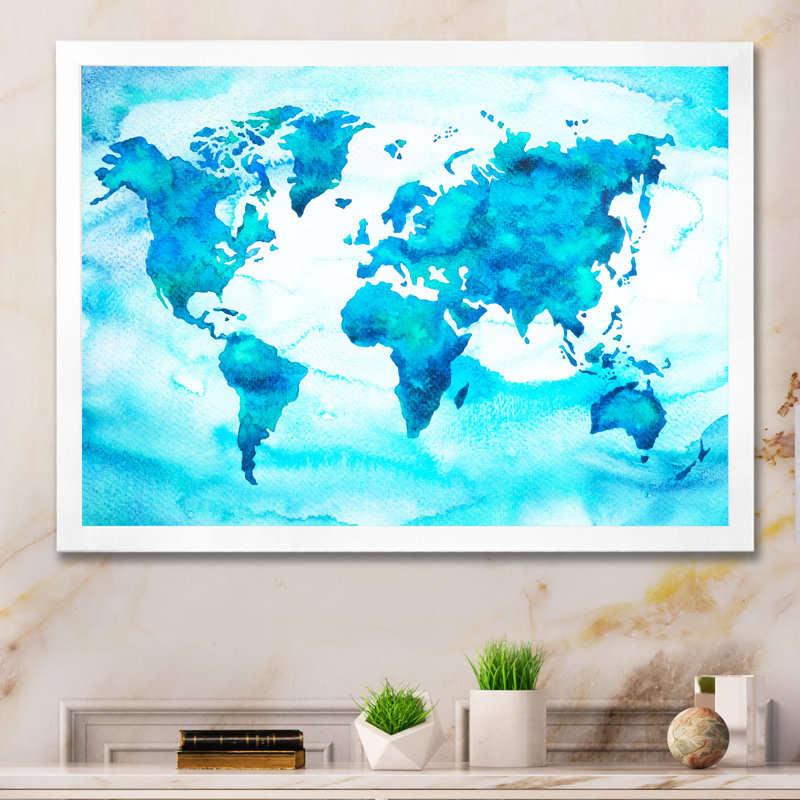 World Map Tone II - reproduction sur toile, H 8 po x l 12 po x P 1 po, Cadre de coin blanc fermé