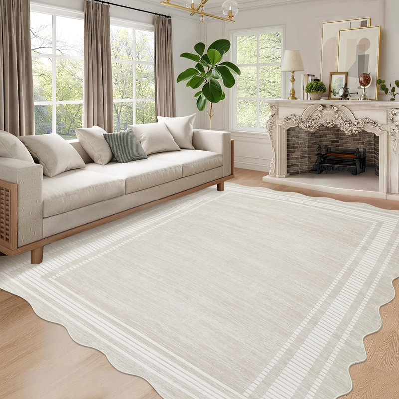 Scalloped Edge Area Rug 9' x 12' Low-Pile Stain-Resistant Fabric Non-Slip Backing Neutral Beige Carpet for Living Room Bedroom and Nursery