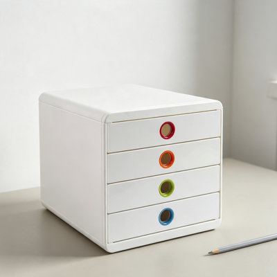 Black Glossy Pop-Box for Storing A4+ Documents, 4 Closed Drawers, Smooth Drawer Action - /Silver
