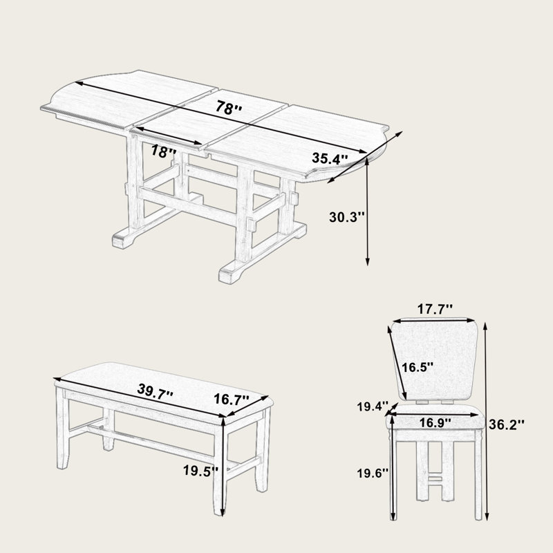 Ensemble de salle à manger 6 pièces en bois extensible 78 po avec 4 chaises rembourrées et rallonge amovible