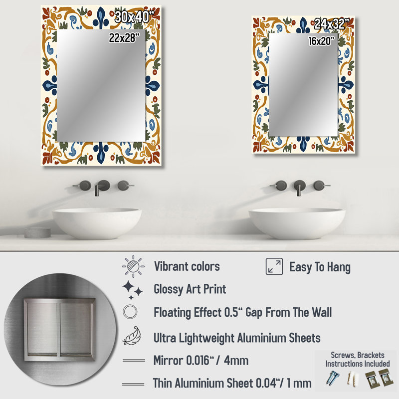 Mediterranean Tiles In Retro Blue IV - Tile Mirror, Modern Unique Wall Mirror, Printed Metal Art, 32" x 24"