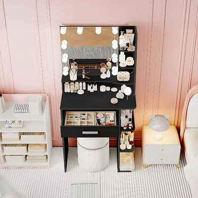 Coiffeuse en bois manufacturé avec miroir à DEL et tablettes de rangement 
