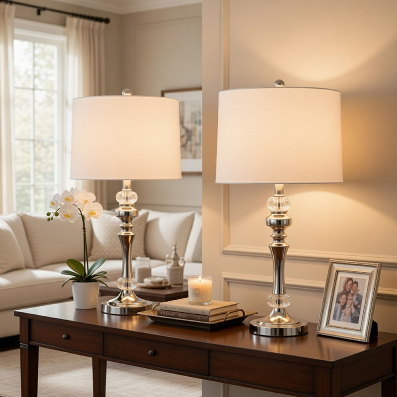 Ensemble de 2 lampes de table, corps de chandelier en cristal, abat-jour blanc