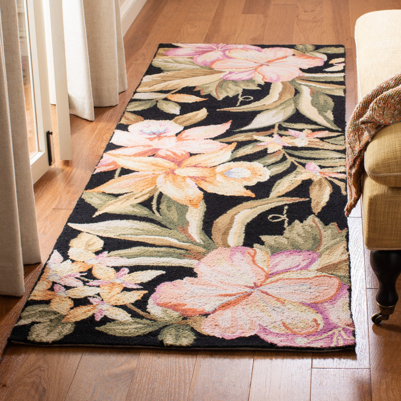 Tapis floral en laine crocheté à la main Hogle, Tapis de couloir 2 pi 6 po x 10 pi