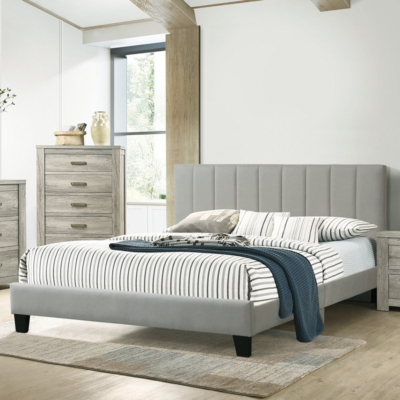Gray Upholstered California King Bed with Tufted Headboard