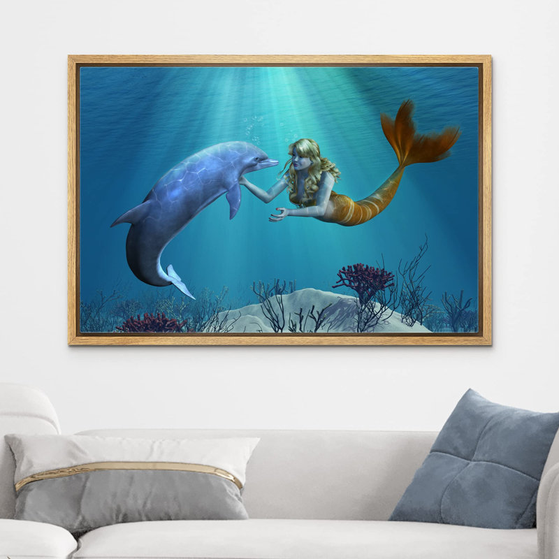«Dolphin and Mermaid Under The Sea» sur, Encadré naturel, H 16 po x l 24 po