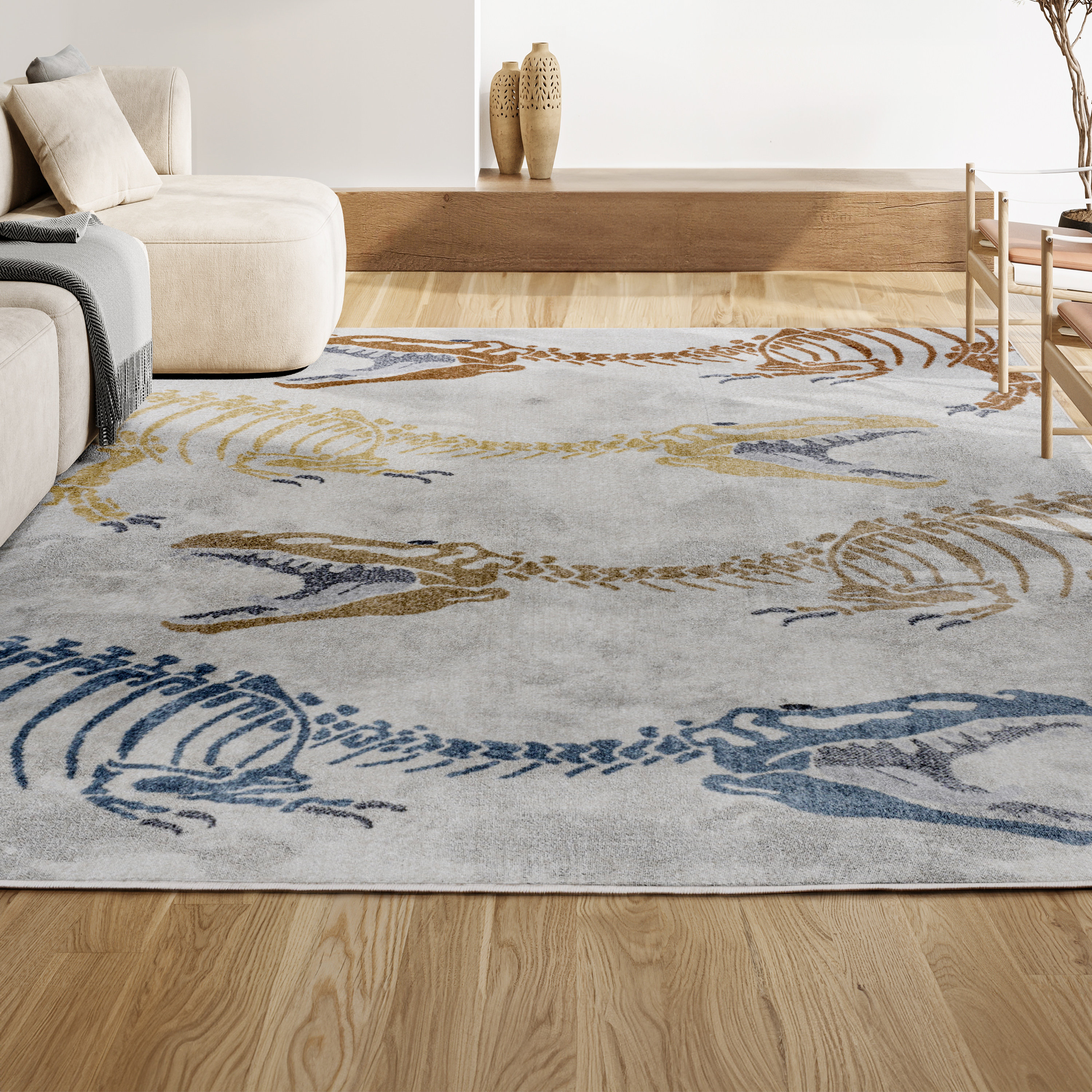 Trinx Kingdarr T-Rex Modern Kids Machine-Washable Cream/Multi Rug | Wayfair