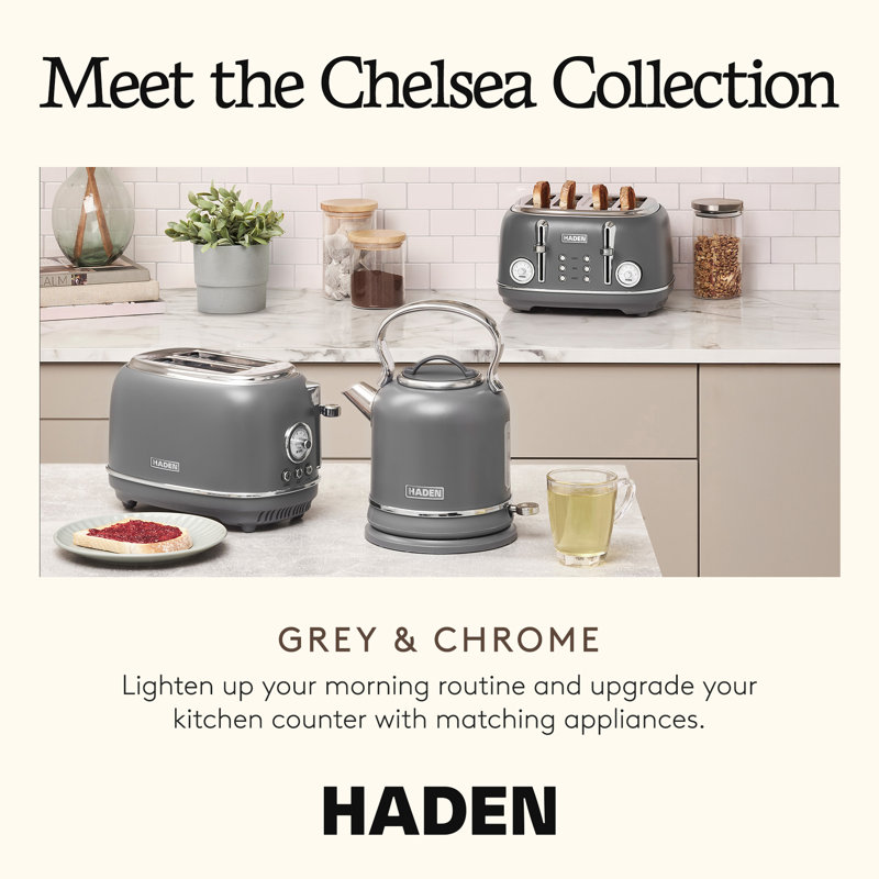 Haden Chelsea Stainless Steel 2 Slice Toaster, Extra Wide Slots, Grey & Chrome, Gray