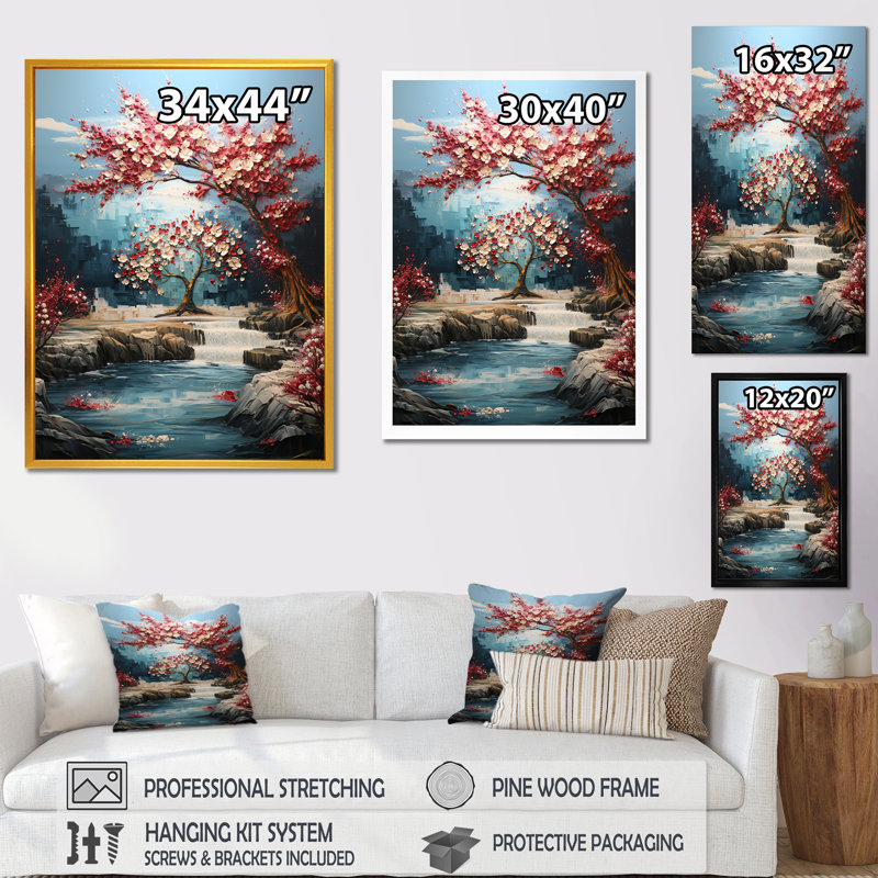 Arbre rouge fleur rouge au clair de lune - Art mural arbre, H 44 po x l 34 po x P 1,5 po, Cadre flottant doré