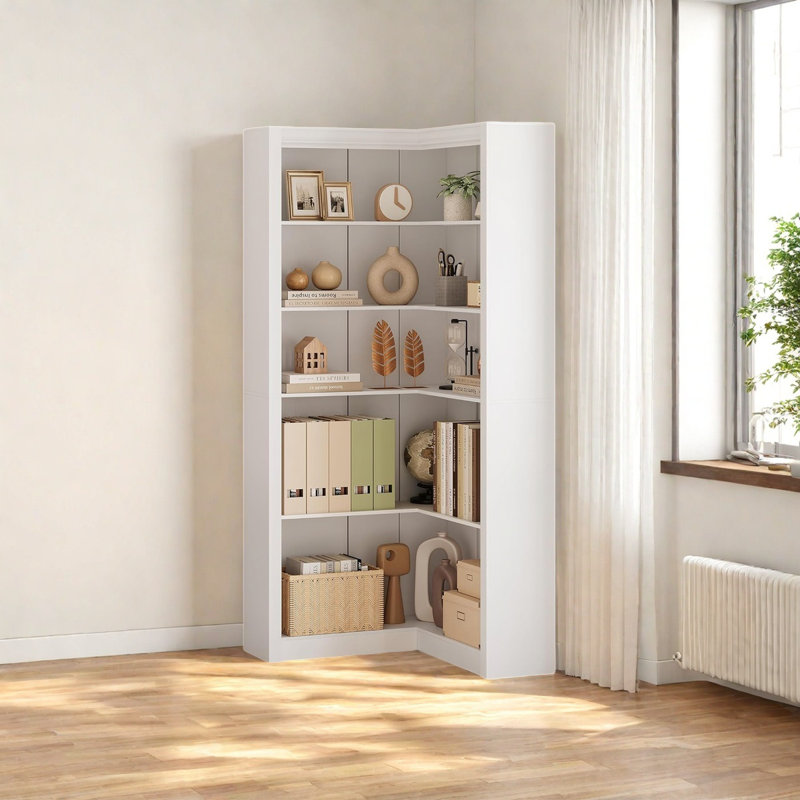 Grande étagère d'angle à 5 niveaux avec bibliothèque en coin et bibliothèque en coin, Blanc