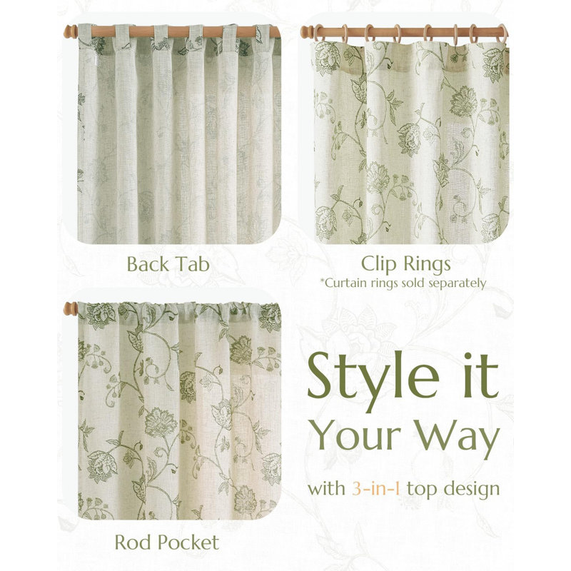 Rideaux en lin à motif floral avec passe-tringle, Vert sauge, L 50 po x L 96 po