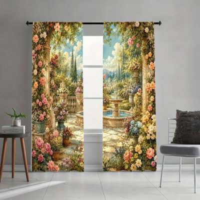 2PCS Vintage European Garden Fountain Floral Arch Light Filtering Curtains, Rod Pocket Window Drapes for Living Room and Bedroom