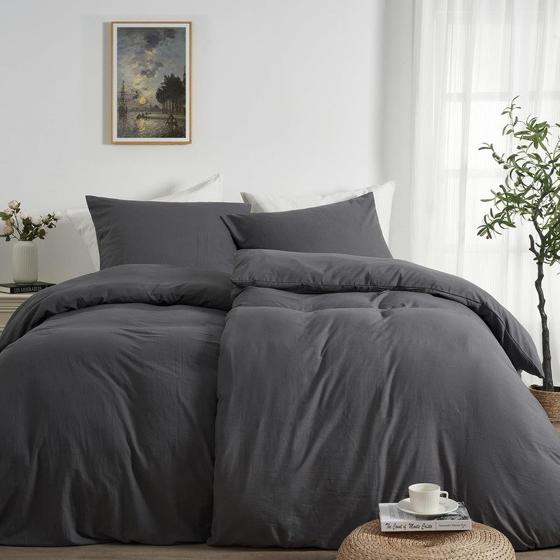 Ensemble de literie 3 pièces en coton uni minimaliste, 100 % coton lavé, Cal King Duvet Cover + 2 King Shams, Grey