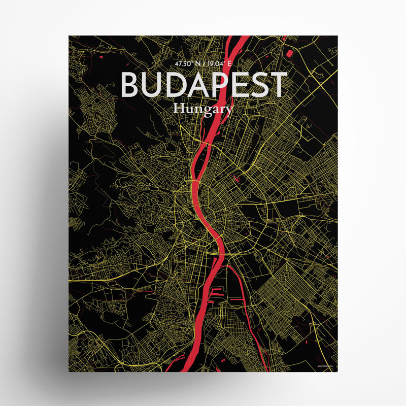 Carte de la ville de Budapest, impression, H 20 po x l 16 po x P 0,05 po, Contraste