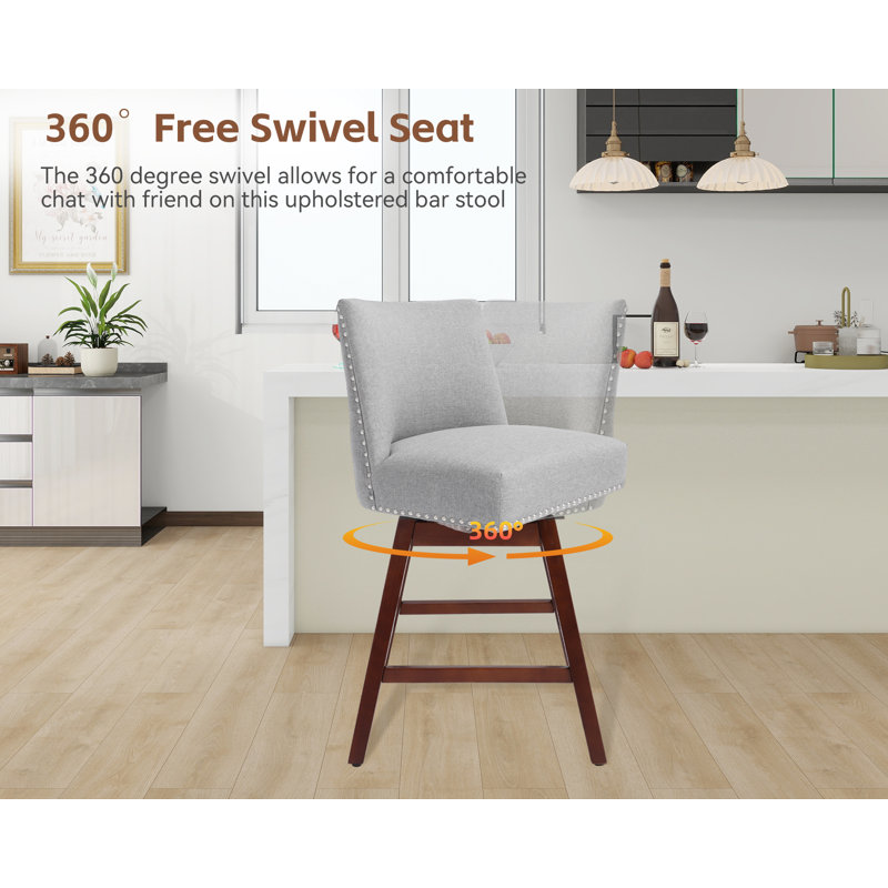 Counter Height Bar Stools Set Of 2 - 360° Swivel Bar Stools With Curved Back,35.8" Tall Linen Bar Chair With Footrest For Kitchen Island, Dining, Cafe