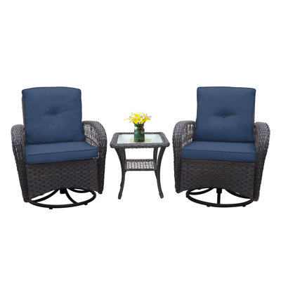 Élégant ensemble bistro de patio pivotant en osier avec plateau en verre 3 pièces - Bleu marine