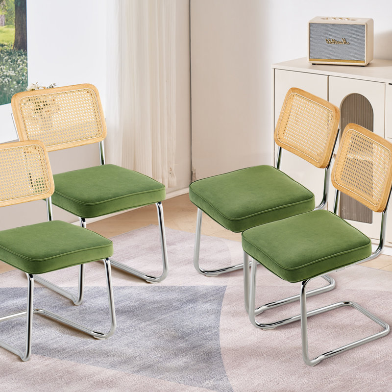 Green Velvet Upholstered Dining Chairs with Rattan Back, Set of 4