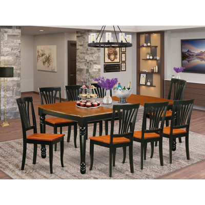 Ensemble de table de salle à manger 9 pièces comprenant une table de salle à manger rectangulaire avec rallonge papillon et 8 chaises en bois, 42 po x 78 po, noir et cerisier