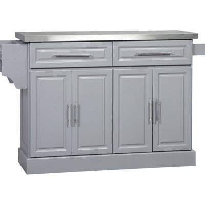 Portable Kitchen Island Table , Gray, Stainless Steel Surface, 2 Drawers, Cabinets, Spice & , Towel Rack Worksurface,
