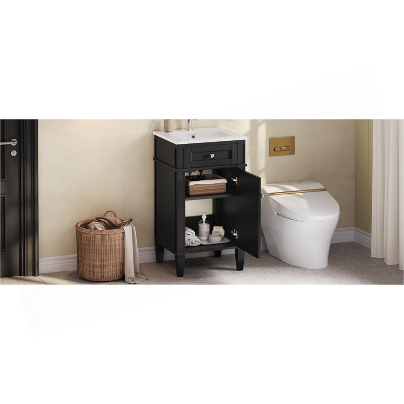 Ensemble de meuble-lavabo simple de 18 po avec lavabo en céramique, ensemble de meuble-lavabo autoportant avec porte à fermeture douce, tablette réglable, style français, pieds pleins, noir