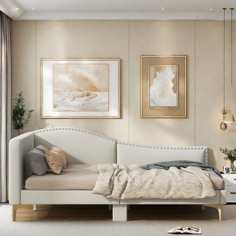 Upholstered Daybed With Headboard And Armrest, Beige, Full/Double