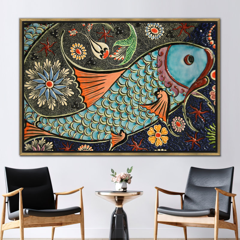 Colourful Abstract Fish Wall Art Poster: Contemporary Animal Pattern Wall Decor Print, 45" H x 65" W, Gold