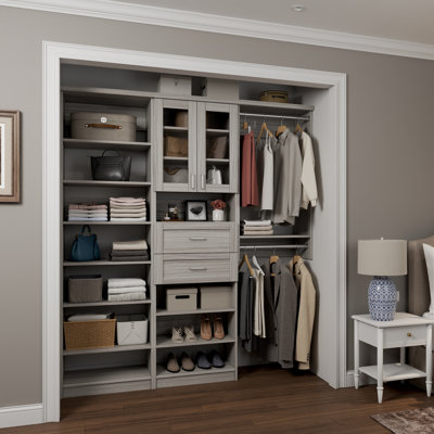 Grey Oak 58.5" Floor-Mounted Single Wall Closet System with 3 Sections, Glass Doors, 2 Clothing Rods, 14 Shelves & 2 Shaker Drawers