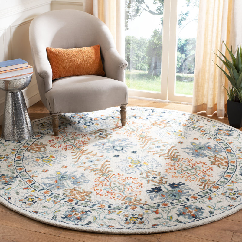 Vahakn Hand Tufted Wool/Cotton Oriental Rug in Orange/Ivory/Blue, Round 9'
