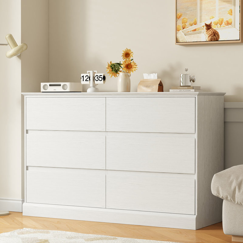 6 Drawer Double Dresser, 47.4" W Modern Wood Chest With Deep Drawers For Bedroom, White