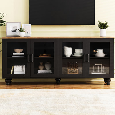 70" Tv Compatible Cabinet, Black And Dark Walnut, Adjustable Shelves, Frame Console With Materials, Storage Shelves