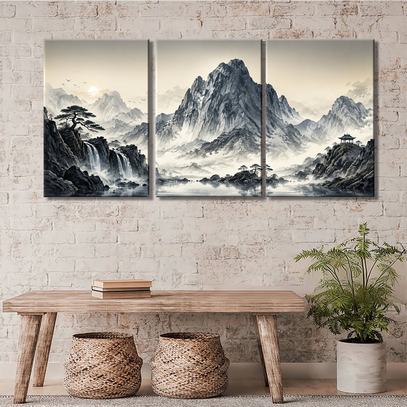 Encre de Chine, cascade de montagne, pavillon, pin, lever de soleil, brume, paysage, art mural sur toile, ensemble de 3 (1)