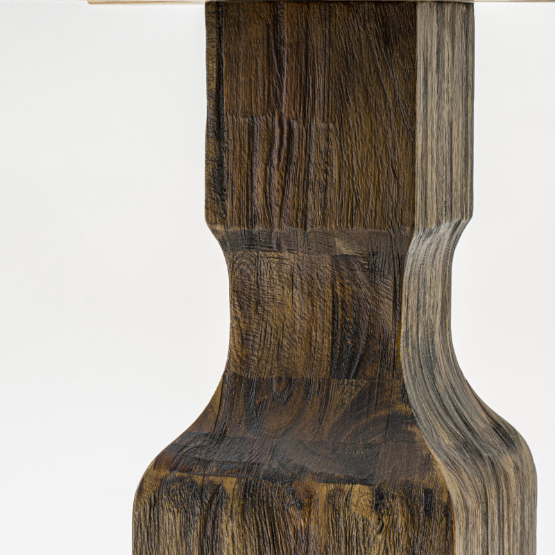 Distressed Jacobean Finish Round Dining Table with 6 Blue Linen Chairs
