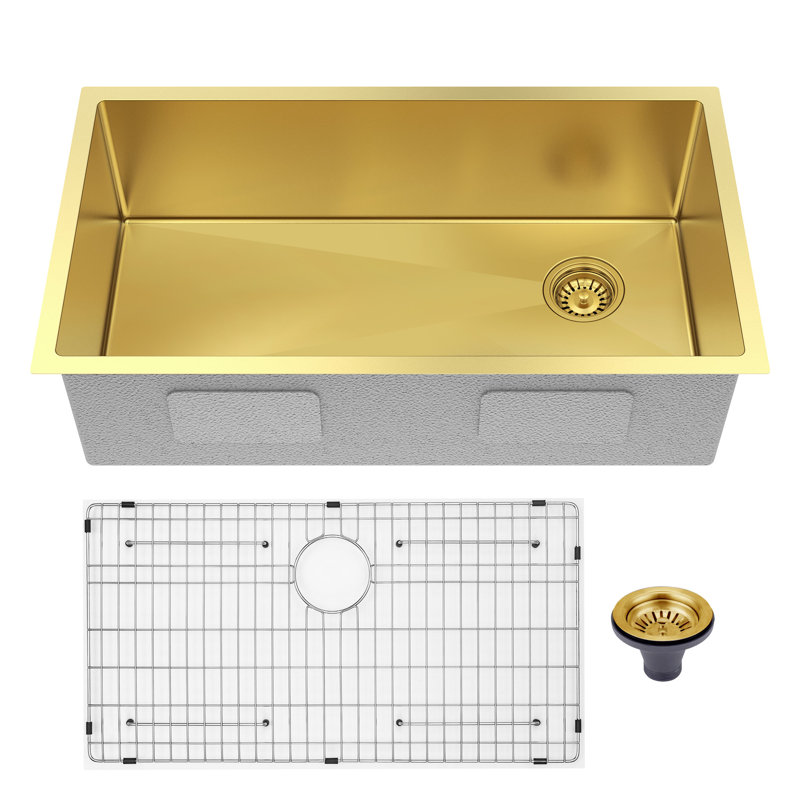 HIGOLD 33'' L Single Bowl Stainless Steel Kitchen Sink, 33"W × 18"D × 10"H, Side Hole Designed, 952624-3427T