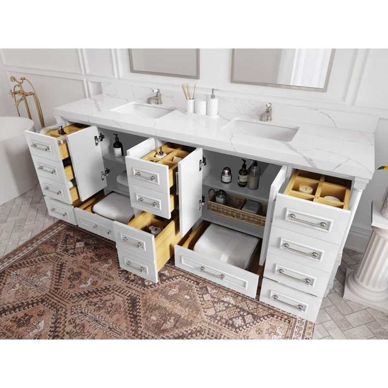 Aberdeen 84'' Double Bathroom Vanity with Quartz Top, White, Pewter Green