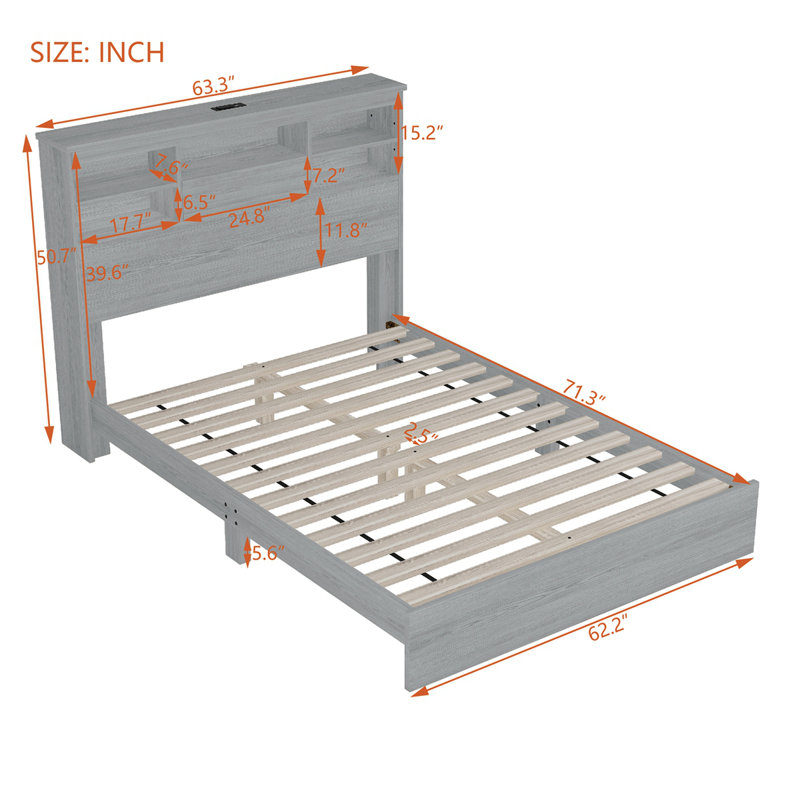 Queen Size Vintage Platform Bed,With Storage Headboard and Charging Station, Gray