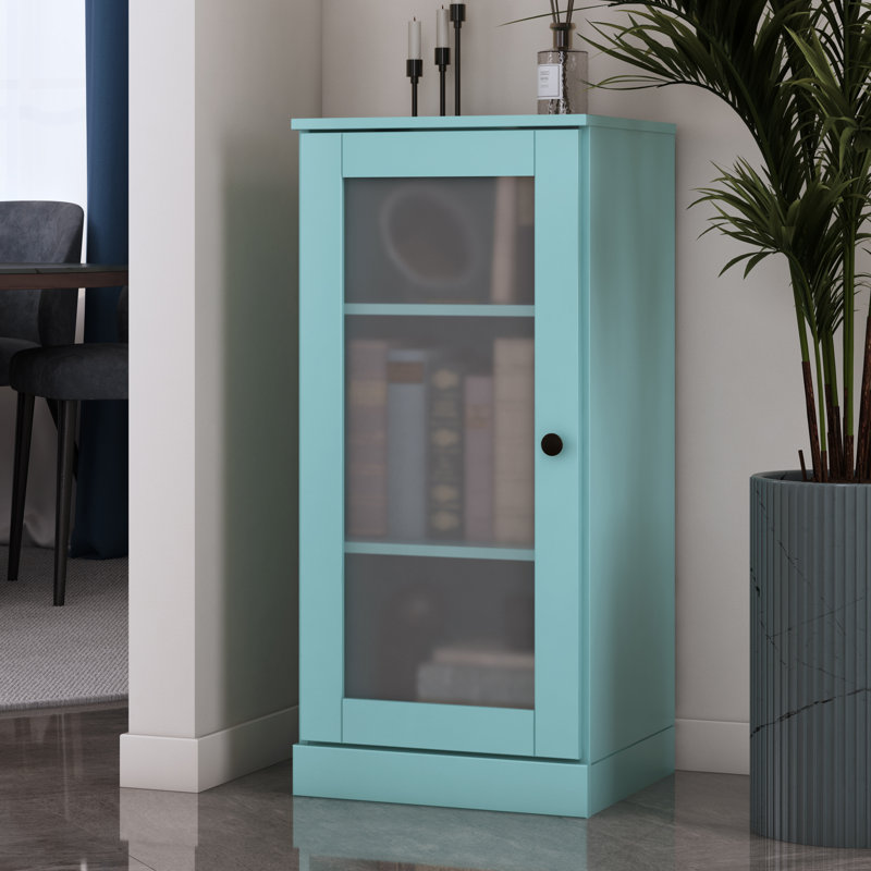 Bibliothèque 100% bois massif à 3 tablettes avec porte en verre givré et tablettes réglables, Turquoise