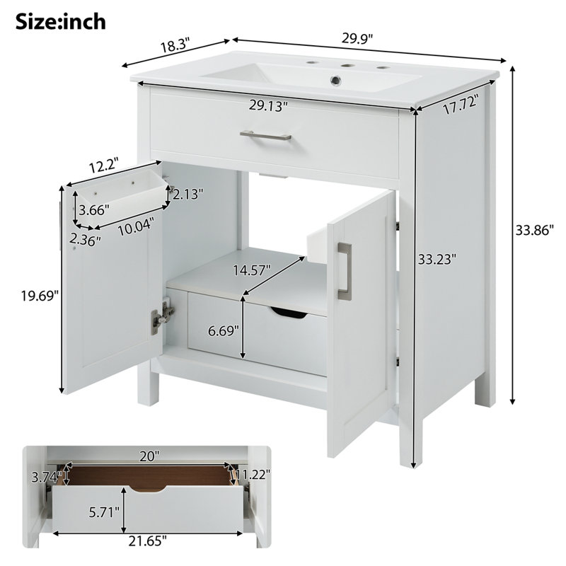 29.9'' Single Bathroom Vanity with Ceramic Top, White