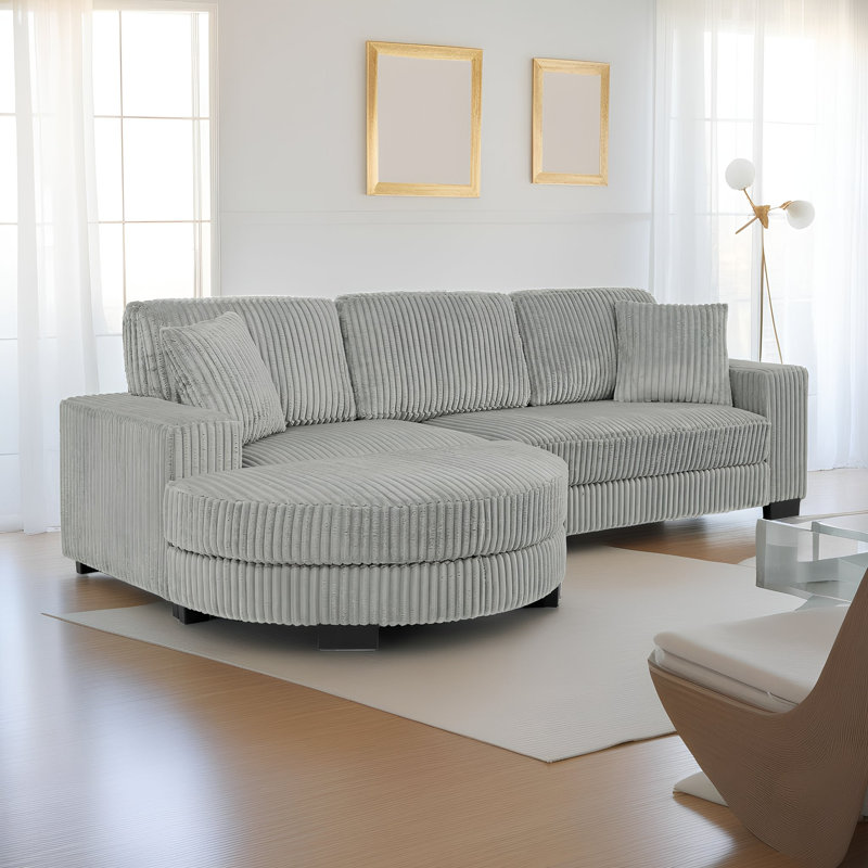 Canapé-lit modulaire convertible en L avec repose-pieds courbé en velours côtelé moelleux, Gris